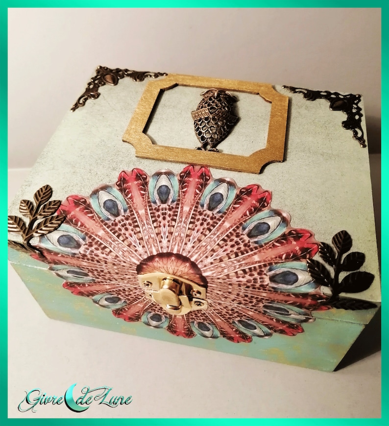 Boîte en bois décorée thème Hibou, boîte à bijoux, coffret, idée cadeaux, boîte rangement image 1