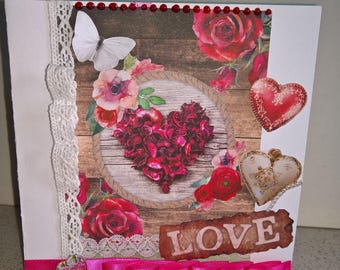 Carte toute occasion, intitulée "coeur de roses" amour love amoureux Saint Valentin papillons roses coeur