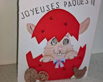 Carte joyeuses pâques happy easter petits enfants lapin dans un œuf bonbons chocolat animaux ferme chasse aux œufs poussins fête familiale