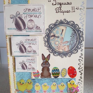 Carte Pâques petits enfants chocolats oeufs lapins poules poussins jardins bonbons panier animaux de la ferme happy easter fête familiale