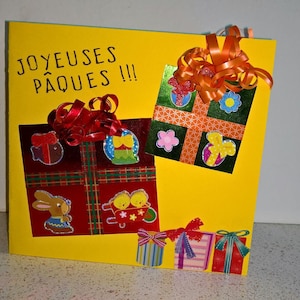 Carte petits cadeaux colorés joyeuses pâques happy easter petits enfants panier bonbons chocolat animaux ferme poussins chasse aux oeufs