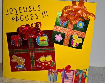 Carte petits cadeaux colorés joyeuses pâques happy easter petits enfants panier bonbons chocolat animaux ferme poussins chasse aux oeufs