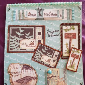 Carte Pâques petits enfants chocolats oeufs lapins poules poussins jardins bonbons panier animaux de la ferme happy easter fête familiale