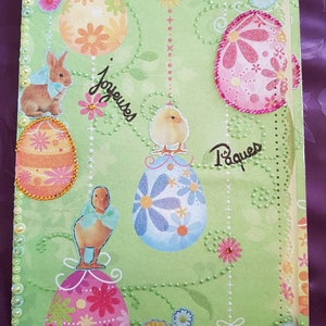 Carte Pâques petits enfants chocolats oeufs lapins poules poussins jardin bonbons panier animaux de la ferme happy easter fête familiale