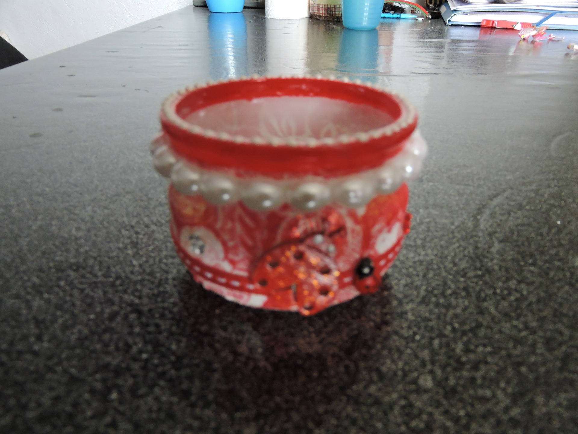 Photophore Rouge et Blanc Décoratif, 2 Coccinelles, Orné de Perles Blanches Nacrées