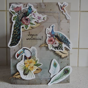 Carte joyeux anniversaire, intitulée "Oiseaux de style... exotiques"