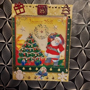 Carte de noel Sapin joyeux noel joyeuses fêtes de fin d année cadeaux merry christmas père Noël rouge vert or enfants bonhomme neige flocons