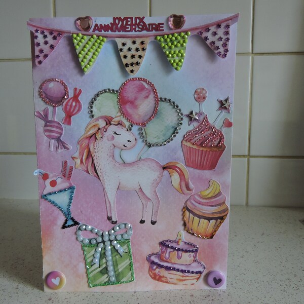 Carte  d'anniversaire petite fille licorne