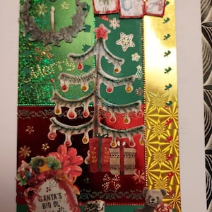 Carte de noel Sapin joyeux noel joyeuses fêtes de fin d année cadeaux ourson sucette merry christmas père Noël couronne boule rouge vert or
