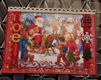Carte de noel Sapin joyeux noel joyeuses fêtes de fin d année cadeaux merry christmas père Noël rouge vert or enfants cerfs traîneau flocons