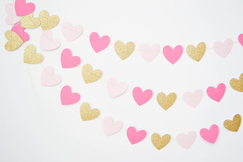 gold and pink garland heart banner heart decor valentines garland pink and gold heart garland paper heart garland heart bunting