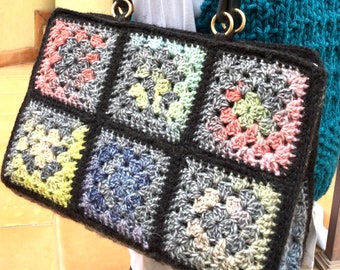 Granny squares crochet wool bag, lightweight bag with faux leather shoulder handles