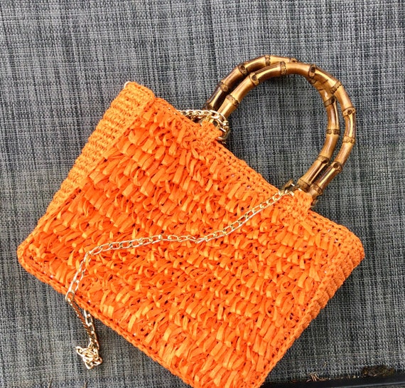 Crochet Bag in Natural Raffia, Summer Clutch Bag With Bamboo Handles and  Metal Shoulder Strap, Custom Color of Your Choice - Etsy Denmark