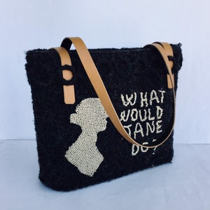 Black wool crochet bag, with gold embroidery inspired by Jane Austen, handmade shoulder bag