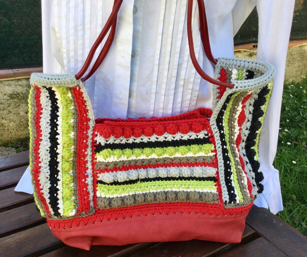 Crochet Bag in Cotton and Faux Leather, Gypsy Style Shoulder Bag