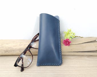 Soft blue leather glasses case / minimalist glasses case / glasses pouch / hand-stitched leather.