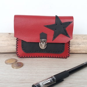 porte monnaie femme en cuir rouge et noir / porte monnaie porte carte étoile / porte monnaie artisanal en cuir cousu main.