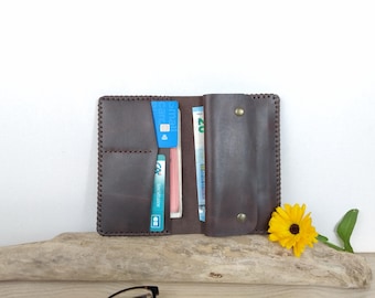 Men's wallet in aged chocolate brown leather / snap-closure coin purse / handcrafted hand-stitched leather wallet