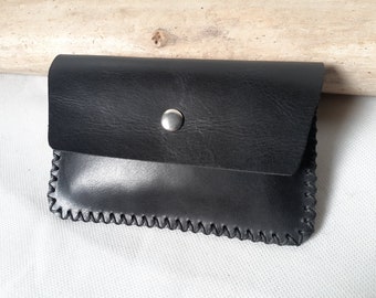 porte-monnaie homme en cuir noir / porte cartes minimaliste à pression / portemonnaie artisanal cousu main.