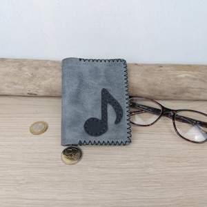 Portefeuille homme en cuir gris bleu effet vieilli / portefeuille compact note de musique / portefeuille porte-monnaie / cadeau musicien.