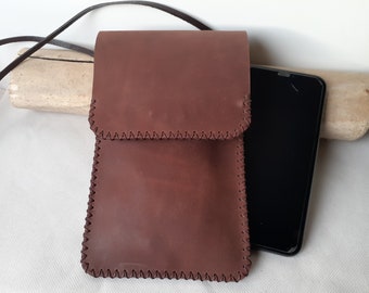 Pochette téléphone à bandoulière en cuir marron / Pochette pour lunettes / Pochette homme pour téléphone / Sacoche téléphone.