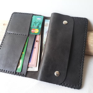 Portefeuille en cuir noir réglisse, avec poche pour monnaie, cousu main / Portefeuille homme artisanal / portefeuille porte-monnaie.