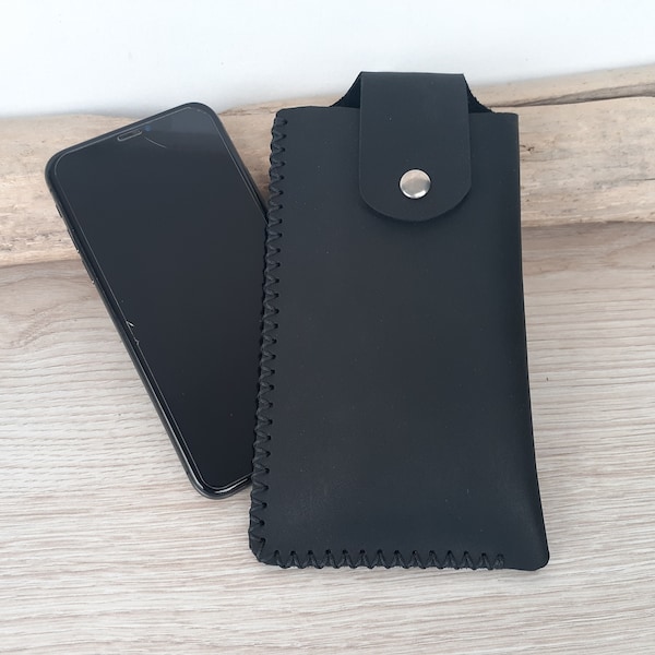 étui téléphone portable en cuir noir avec mousqueton et passant pour ceinture / pochette smartphone / pochette de ceinture pour téléphone.