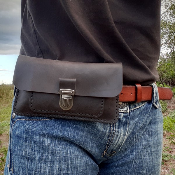 Portefeuille de ceinture en cuir noir / portefeuille de voyage / pochette de ceinture en cuir cousu main.