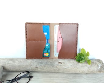 May include: A tan leather card holder with visible stitching along the edges. The wallet is open, revealing two interior pockets on each side. The left side holds two blue and teal credit cards, while the right side contains a pink identification card.