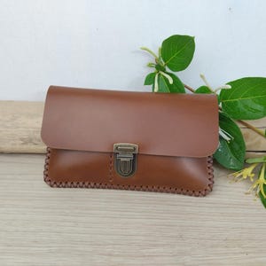 Blague à tabac en cuir marron avec fermoir cartable / pochette à papiers / portefeuille minimaliste homme / pochette à tabac cousue main.