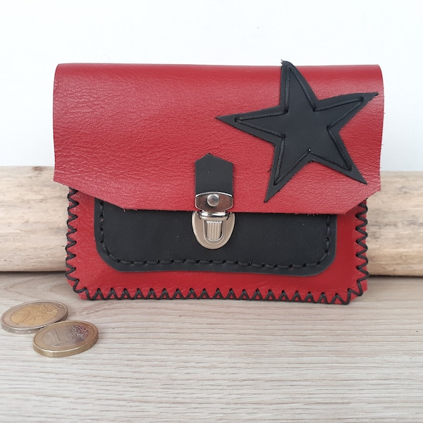 porte monnaie femme en cuir rouge et noir / porte monnaie porte carte / porte monnaie artisanal en cuir cousu main / petit portefeuille.
