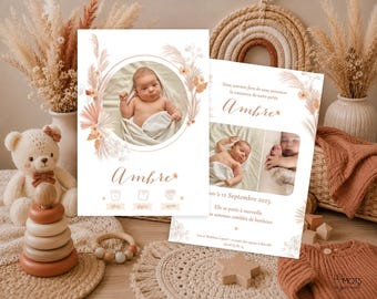 Terracotta birth announcement, dried flower birth announcement, birth of a girl