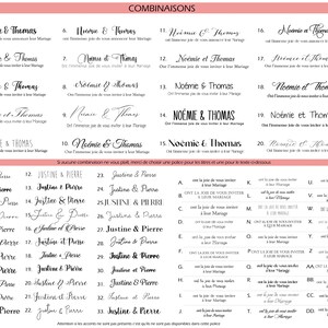 May include: A selection of wedding invitation design options, featuring various fonts and layouts. The text includes names like No&eacute;mie & Thomas and Justine & Pierre, along with phrases in French. The designs are displayed on a pink background.