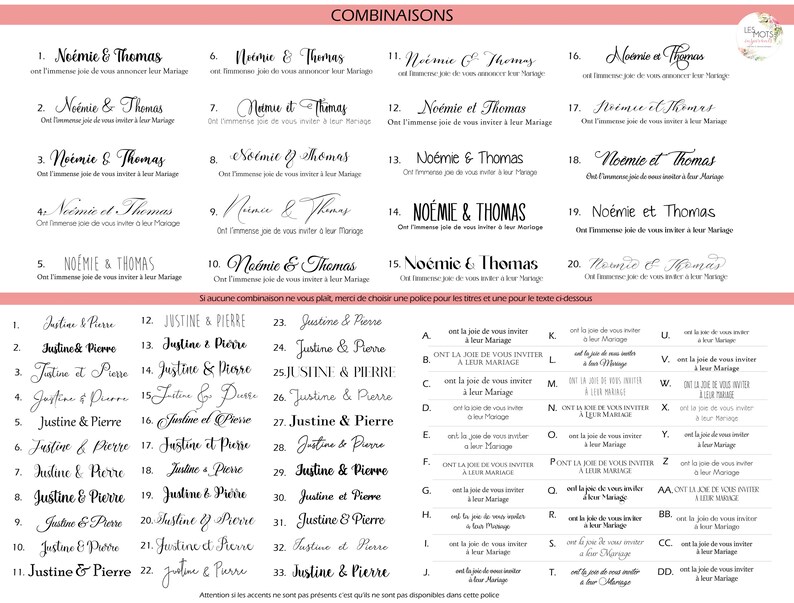 May include: A selection of wedding invitation design options, featuring various fonts and layouts. The text includes names like No&eacute;mie & Thomas and Justine & Pierre, along with phrases in French. The designs are displayed on a pink background.
