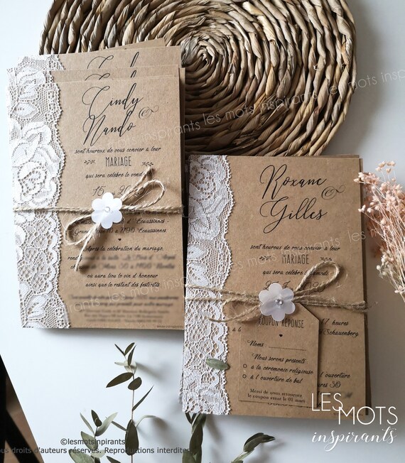 Personnalisé//fait main dentelle mariage pocketfold invitation carte avec rsvp inc