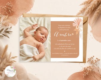 Terracotta Baptism Announcement, Boho Chic Baptism Invitation, Pampas Grass and Dried Flower Theme, Customizable Design