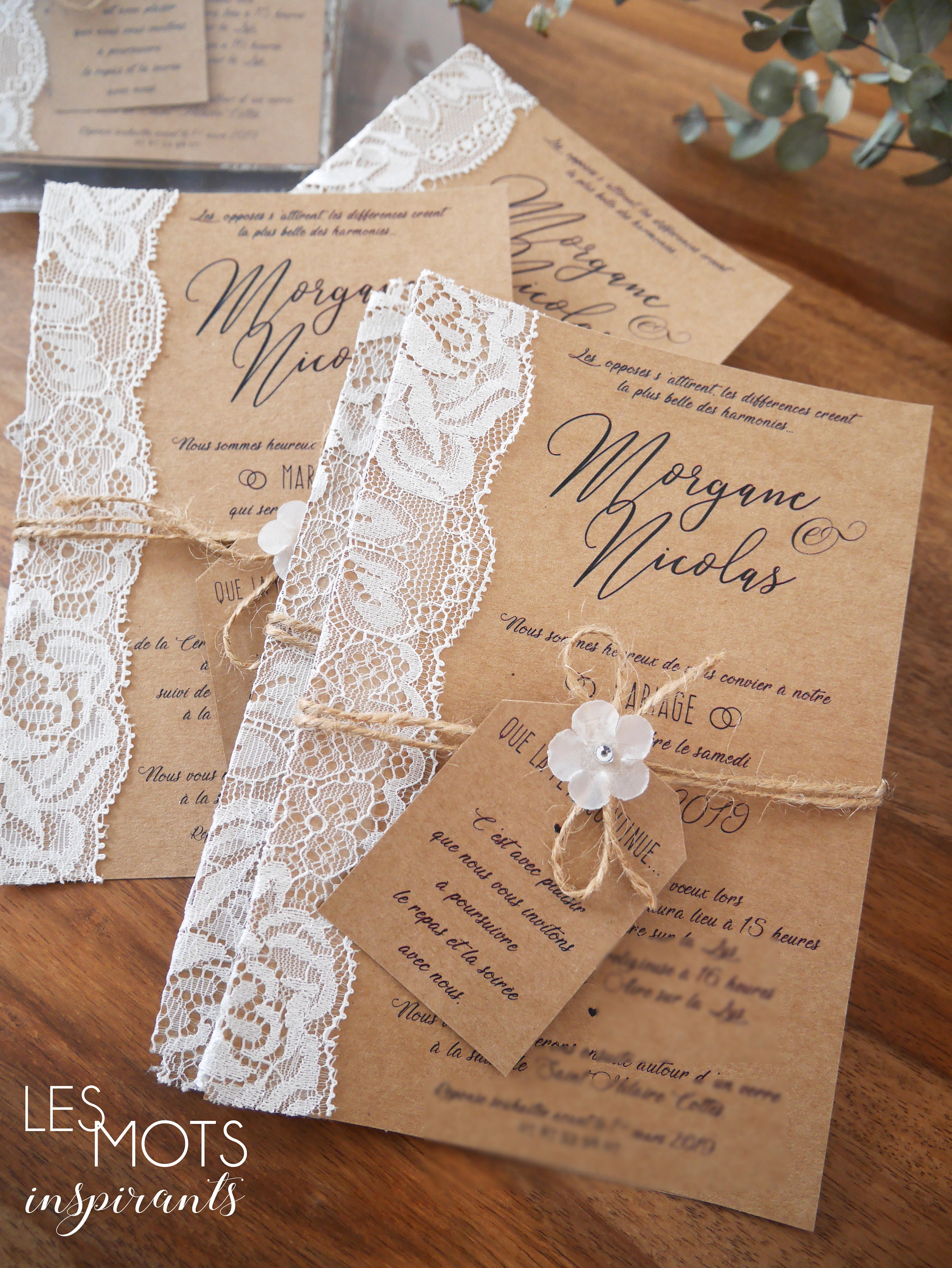 Fairepart mariage champêtre kraft dentelle invitation Etsy