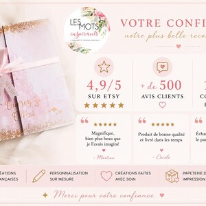 May include: A pink and gold invitation with a ribbon, featuring the text "Ouvrez Moi". The image also includes text about Etsy ratings, customer reviews, and order numbers, along with the phrase "Votre Confiance".