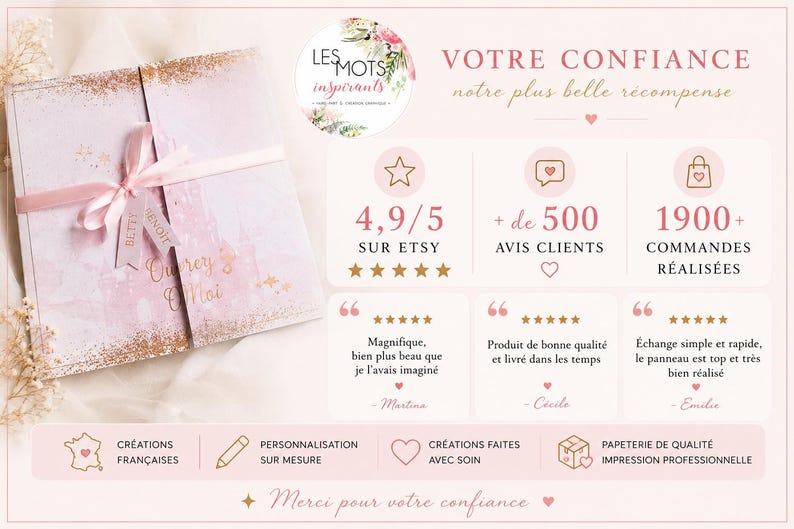 May include: A pink and gold invitation with a ribbon, featuring the text "Ouvrez Moi". The image also includes text about Etsy ratings, customer reviews, and order numbers, along with the phrase "Votre Confiance".