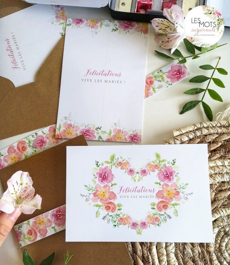 Carte félicitations fleurs, carte félicitations aquarelle, carte de voeux image 1
