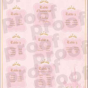 May include: A pink wedding seating chart with gold accents. The chart features seven tables with names and guest lists, plus the names of the bride and groom, and the date of the wedding. The design includes a castle illustration.