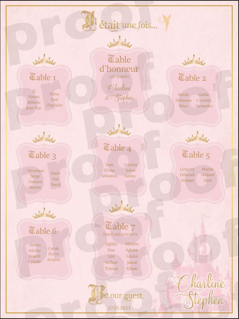 May include: A pink wedding seating chart with gold accents. The chart features seven tables with names and guest lists, plus the names of the bride and groom, and the date of the wedding. The design includes a castle illustration.
