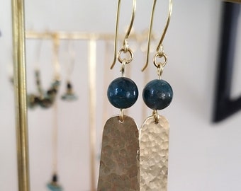 Brass and blue stone pendant earrings