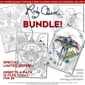 INSECTS BUNDLE: download, print, and color cicadas, beetles and a highly detailed luna moth, adult coloring, colouring page image 1