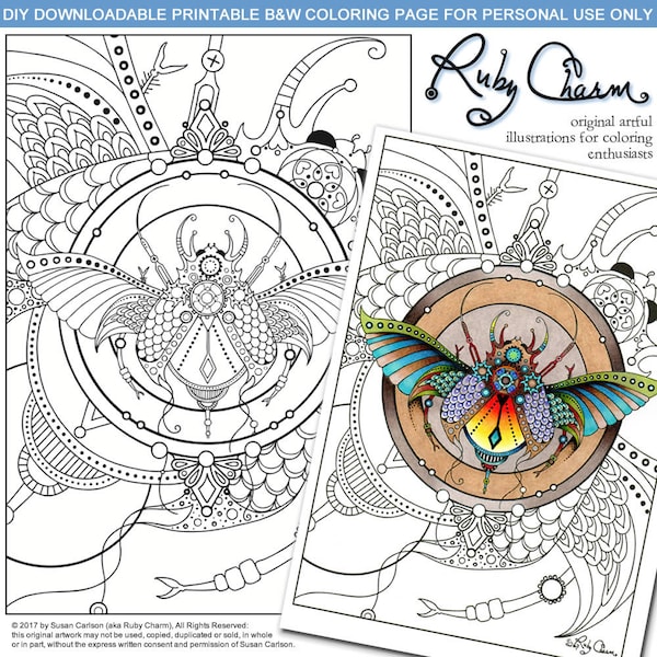 JEWEL BEETLE downloadable printable Adult Coloring page, Ruby Charm Artful Illustrations for Coloring Enthusiasts, insect, nature