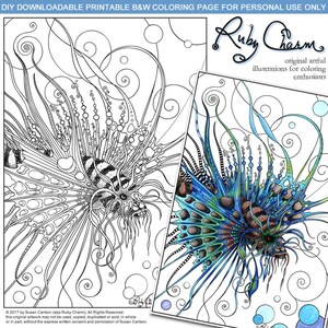 May include: A black and white coloring page featuring a detailed illustration of a fish with intricate patterns and swirls. The fish is surrounded by bubbles and a background of swirling lines. The text "Ruby Charm" is written in cursive at the top of the page. The text "original artful illustrations for coloring enthusiasts" is written below the title.