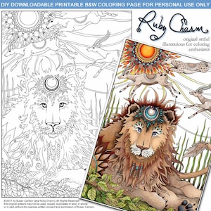 May include: A black and white coloring page featuring a lion with intricate details and a crown of leaves and a crescent moon. The lion is surrounded by a jungle scene with leaves and grass. The text "Ruby Charm" is written in cursive at the top of the page.