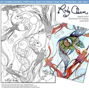 May include: A black and white coloring page featuring three stylized fish with intricate details. The fish are swimming in a circular pattern with stars and swirls. The page is titled "DIY DOWNLOADABLE PRINTABLE B&W COLORING PAGE FOR PERSONAL USE ONLY" and includes the copyright information "© 2017 by Susan Carlson (aka Ruby Charm), All Rights Reserved: this original artwork may not be used, copied, duplicated or sold, in whole or in part, without the express written consent and permission of Susan Carlson."