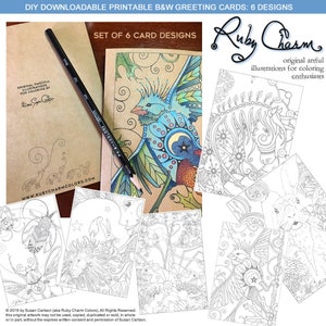 May include: Set of six printable black and white greeting cards featuring original illustrations for coloring. The cards feature a variety of whimsical designs, including a bird, a horse, a rabbit, and a lion. The text "Ruby Charm" and "original artful illustrations for coloring enthusiasts" is visible in the image.  DIY DOWNLOADABLE PRINTABLE B&W GREETING CARDS: 6 DESIGNS and SET OF 6 CARD DESIGNS are also visible in the image.