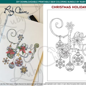 Christmas holiday JOY downloadable PDF: print & color pages greeting card, adult coloring, colouring page, snowflakes, winter, poinsetta
